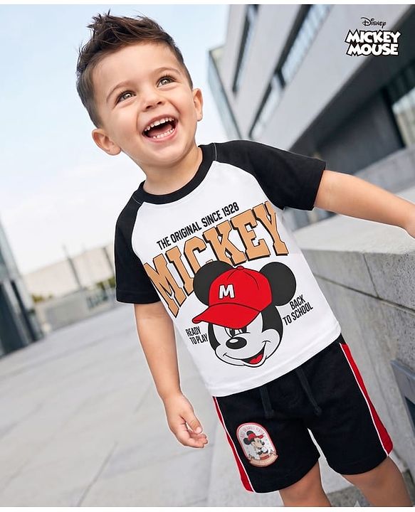 Babyhug Disney Single Jersey Knit Half Sleeves Raglan T-shirt & Shorts With Mickey Mouse Graphic - Black & White