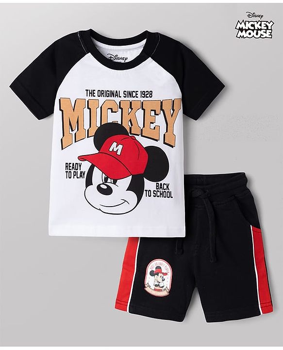 Babyhug Disney Single Jersey Knit Half Sleeves Raglan T-shirt & Shorts With Mickey Mouse Graphic - Black & White