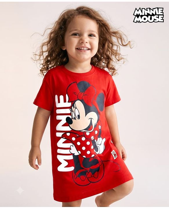 Babyhug Disney 100% Cotton Knit Drop Shoulder Nighty With Minnie Mouse Graphic - Red