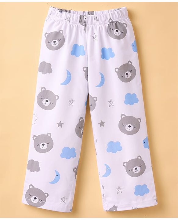 Babyhug Cotton Knit Full Sleeves Co-Ord Shirt & Pyjama Night-Suit With Bear & Sky Print - White