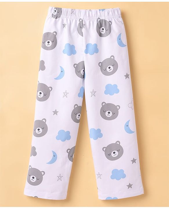 Babyhug Cotton Knit Full Sleeves Co-Ord Shirt & Pyjama Night-Suit With Bear & Sky Print - White