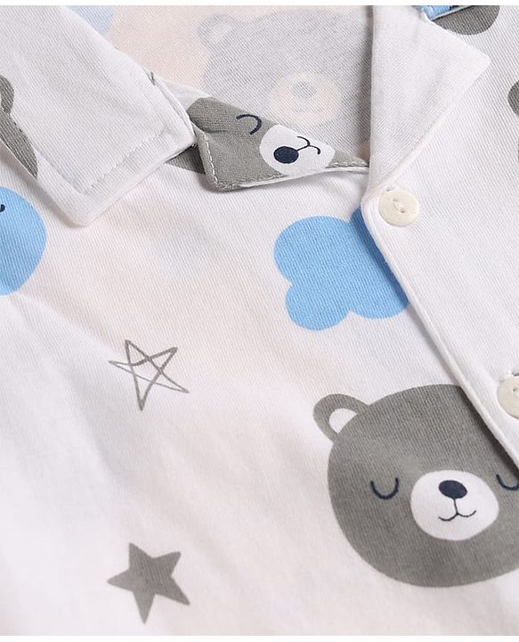 Babyhug Cotton Knit Full Sleeves Co-Ord Shirt & Pyjama Night-Suit With Bear & Sky Print - White