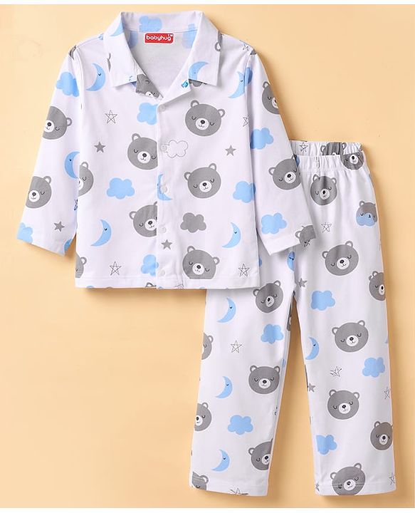 Babyhug Cotton Knit Full Sleeves Co-Ord Shirt & Pyjama Night-Suit With Bear & Sky Print - White