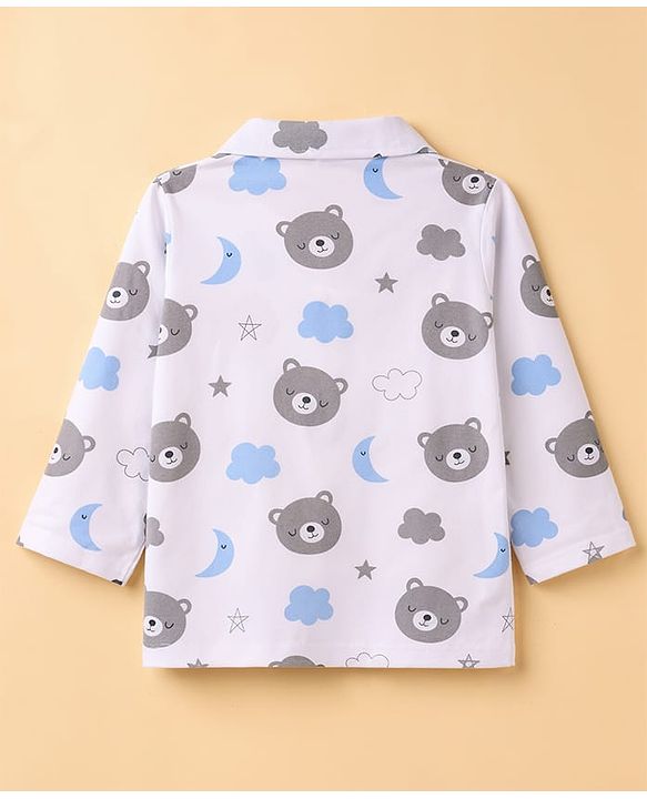 Babyhug Cotton Knit Full Sleeves Co-Ord Shirt & Pyjama Night-Suit With Bear & Sky Print - White