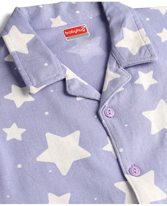 Babyhug Cotton Knit Full Sleeves Co-Ord Shirt & Pyjama Night-Suit With Star Print- Purple
