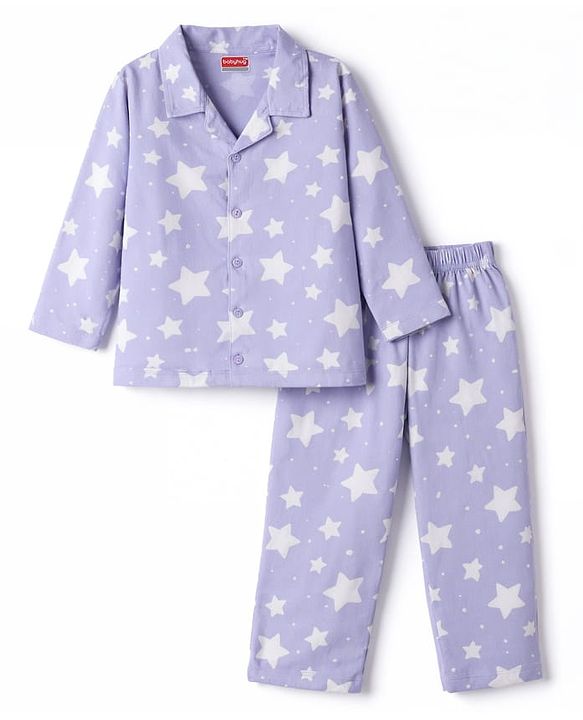 Babyhug Cotton Knit Full Sleeves Co-Ord Shirt & Pyjama Night-Suit With Star Print- Purple