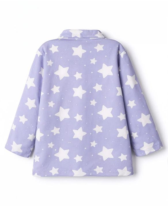 Babyhug Cotton Knit Full Sleeves Co-Ord Shirt & Pyjama Night-Suit With Star Print- Purple