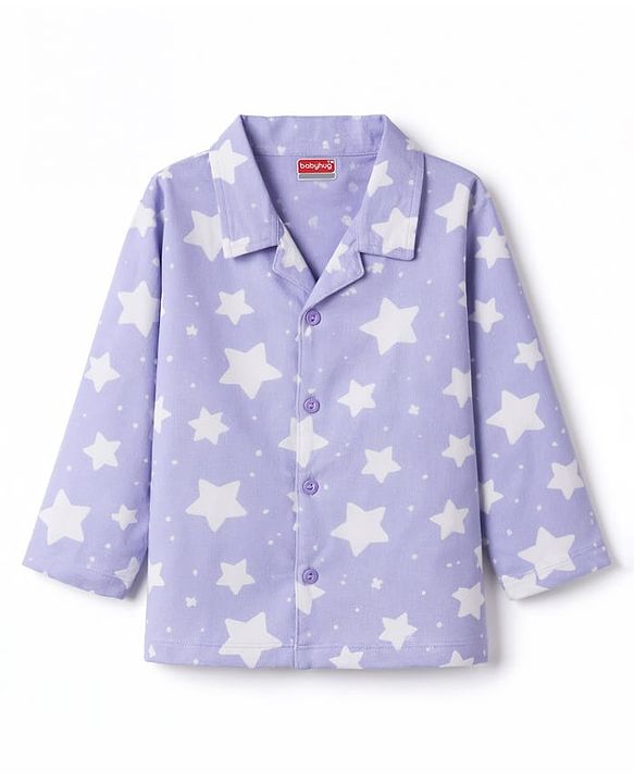 Babyhug Cotton Knit Full Sleeves Co-Ord Shirt & Pyjama Night-Suit With Star Print- Purple