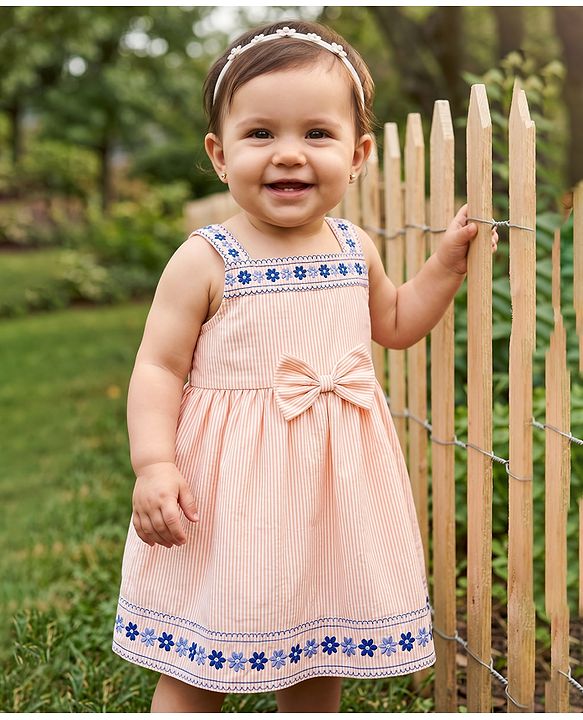 Babyhug 100% Cotton Woven Sleeveless Striped & Floral Embroidered Frock With Bloomer & Bow Applique - Cream