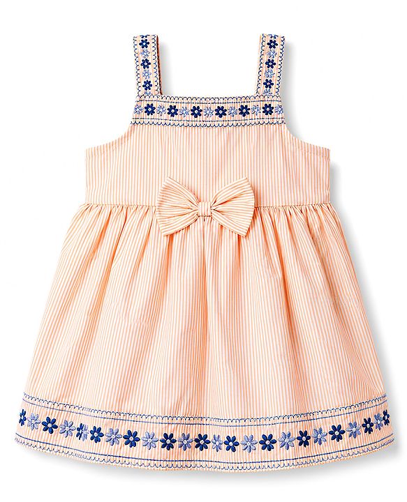 Babyhug 100% Cotton Woven Sleeveless Striped & Floral Embroidered Frock With Bloomer & Bow Applique - Cream