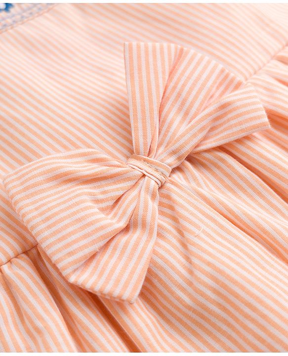 Babyhug 100% Cotton Woven Sleeveless Striped & Floral Embroidered Frock With Bloomer & Bow Applique - Cream