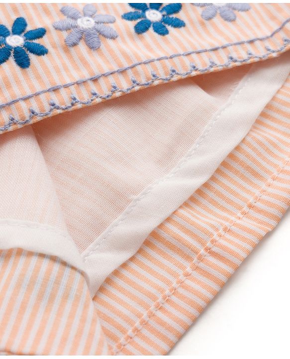 Babyhug 100% Cotton Woven Sleeveless Striped & Floral Embroidered Frock With Bloomer & Bow Applique - Cream