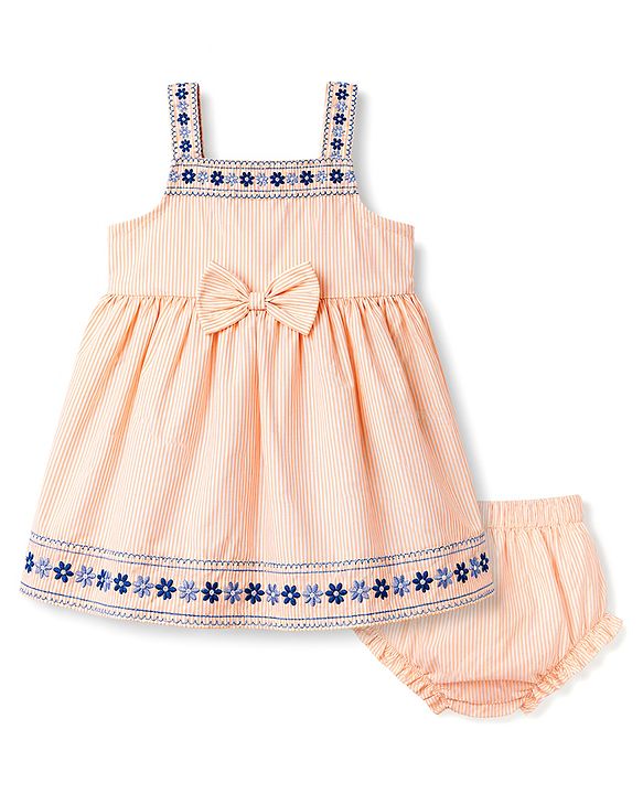 Babyhug 100% Cotton Woven Sleeveless Striped & Floral Embroidered Frock With Bloomer & Bow Applique - Cream