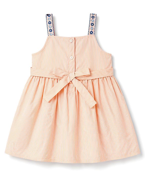 Babyhug 100% Cotton Woven Sleeveless Striped & Floral Embroidered Frock With Bloomer & Bow Applique - Cream