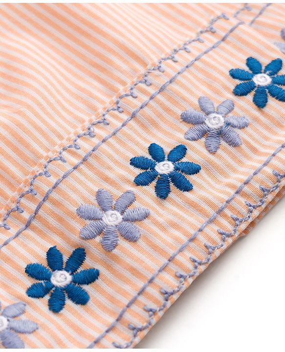 Babyhug 100% Cotton Woven Sleeveless Striped & Floral Embroidered Frock With Bloomer & Bow Applique - Cream