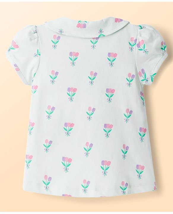 Babyhug Cotton Knit Half Sleeves Co-Ord Peter Pan Collared Top & Pyjama Night Suit With Floral Print - Mint