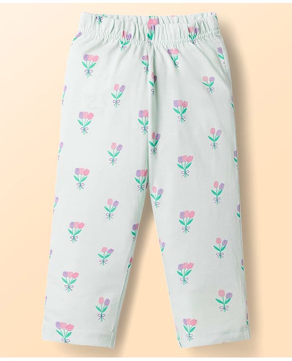 Babyhug Cotton Knit Half Sleeves Co-Ord Peter Pan Collared Top & Pyjama Night Suit With Floral Print - Mint