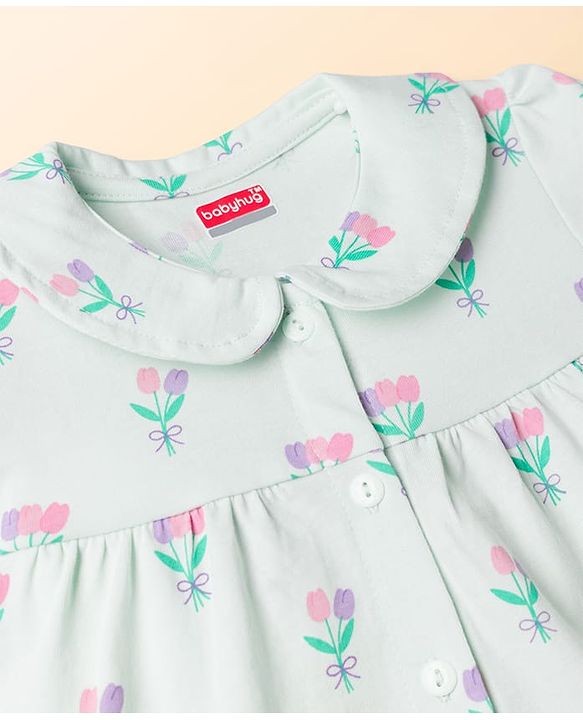 Babyhug Cotton Knit Half Sleeves Co-Ord Peter Pan Collared Top & Pyjama Night Suit With Floral Print - Mint