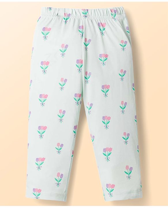 Babyhug Cotton Knit Half Sleeves Co-Ord Peter Pan Collared Top & Pyjama Night Suit With Floral Print - Mint