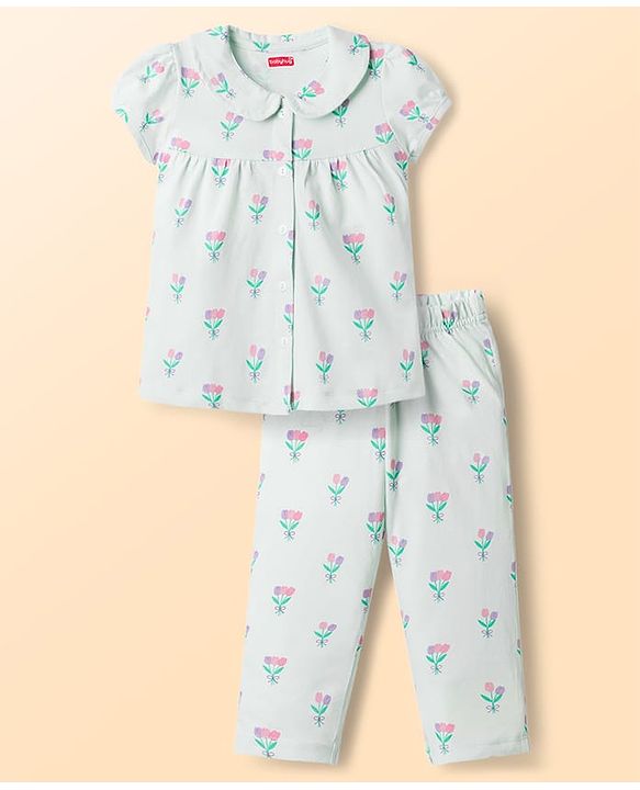 Babyhug Cotton Knit Half Sleeves Co-Ord Peter Pan Collared Top & Pyjama Night Suit With Floral Print - Mint