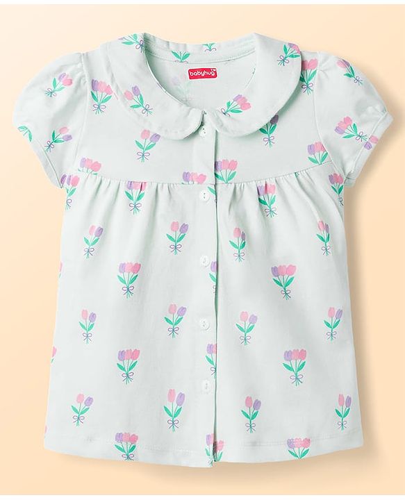 Babyhug Cotton Knit Half Sleeves Co-Ord Peter Pan Collared Top & Pyjama Night Suit With Floral Print - Mint