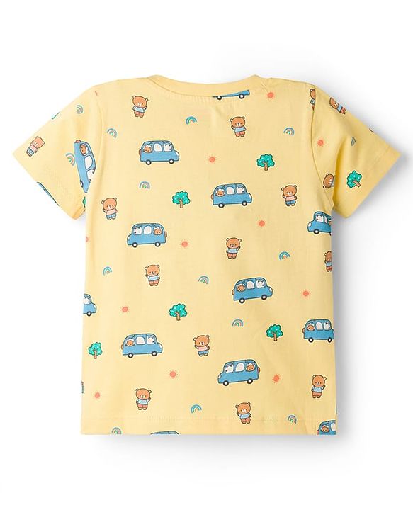 Babyhug Cotton Knit Half Sleeves Co-Ord T-Shirt & Pyjama Night Suit With Car Print - Yellow