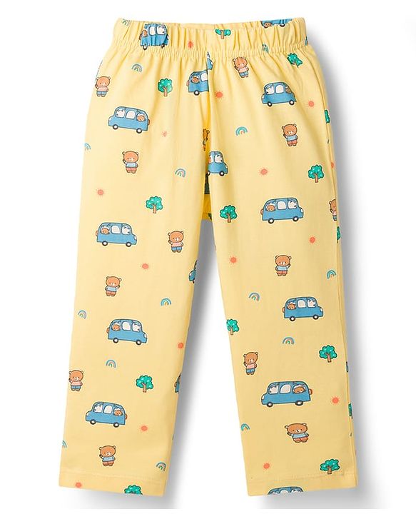 Babyhug Cotton Knit Half Sleeves Co-Ord T-Shirt & Pyjama Night Suit With Car Print - Yellow