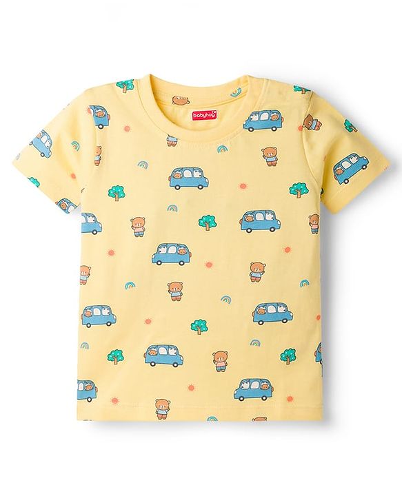 Babyhug Cotton Knit Half Sleeves Co-Ord T-Shirt & Pyjama Night Suit With Car Print - Yellow