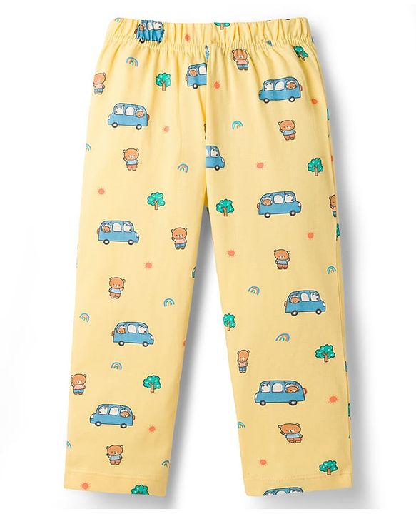 Babyhug Cotton Knit Half Sleeves Co-Ord T-Shirt & Pyjama Night Suit With Car Print - Yellow