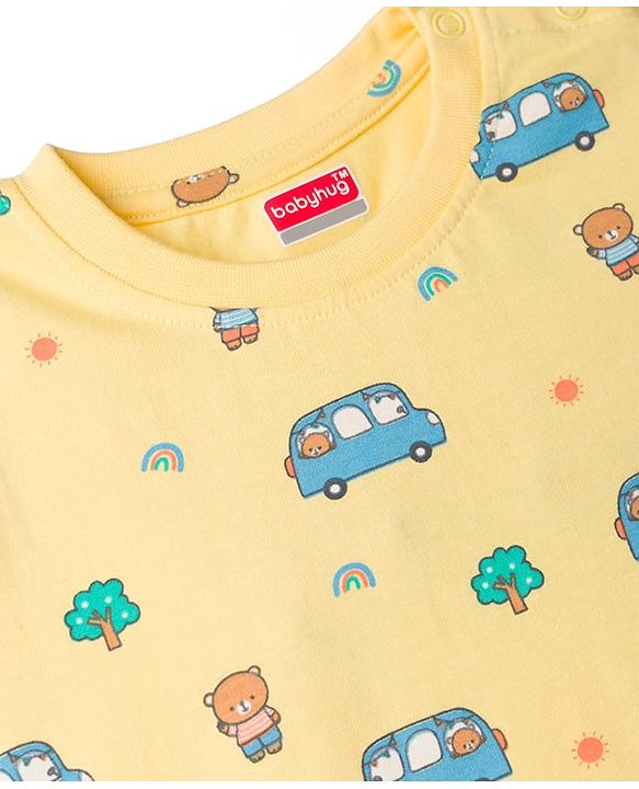 Babyhug Cotton Knit Half Sleeves Co-Ord T-Shirt & Pyjama Night Suit With Car Print - Yellow