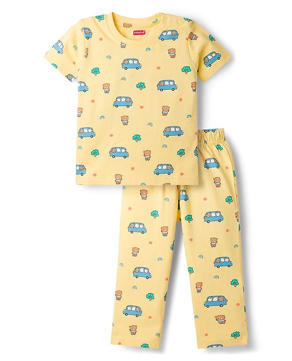 Babyhug Cotton Knit Half Sleeves Co-Ord T-Shirt & Pyjama Night Suit With Car Print - Yellow