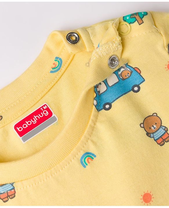 Babyhug Cotton Knit Half Sleeves Co-Ord T-Shirt & Pyjama Night Suit With Car Print - Yellow