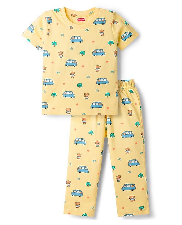 Babyhug Cotton Knit Half Sleeves Co-Ord T-Shirt & Pyjama Night Suit With Car Print - Yellow