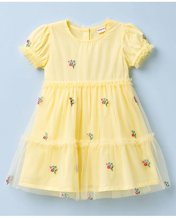Babyhug Cotton Woven One Piece Dresses/Frocks with Embroidered Half Sleeves Round Neck Yellow 0-3 Months