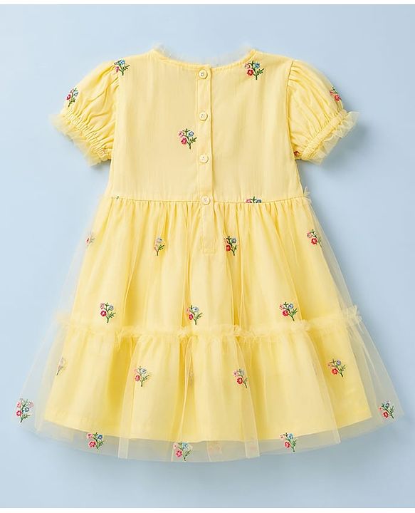 Babyhug Cotton Woven One Piece Dresses/Frocks with Embroidered Half Sleeves Round Neck Yellow 0-3 Months