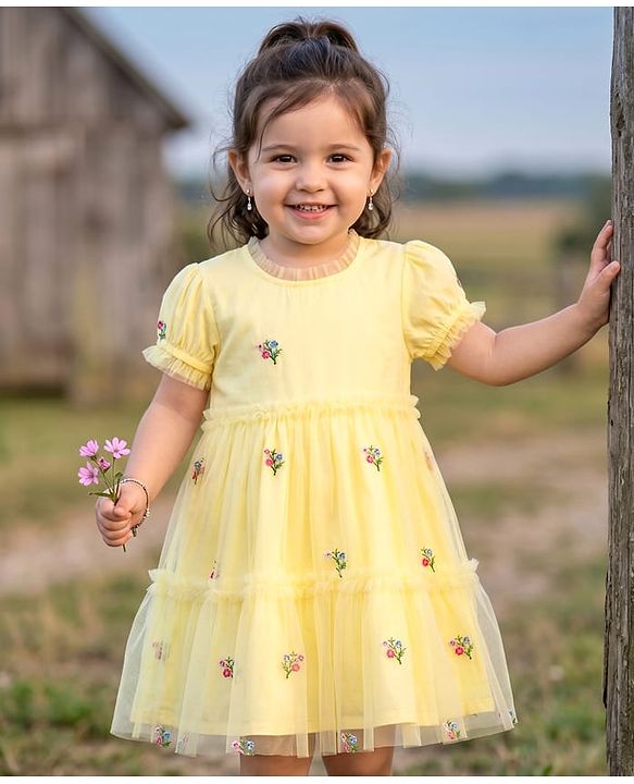 Babyhug Cotton Woven One Piece Dresses/Frocks with Embroidered Half Sleeves Round Neck Yellow 0-3 Months