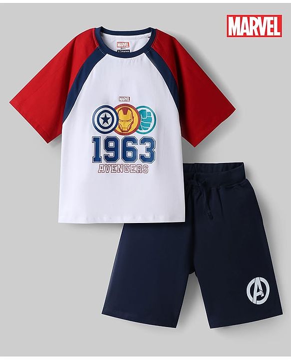Pine Kids Marvel 100% Cotton Knit Raglan Half Sleeves T-Shirt & Shorts Set With Avengers Graphic - Multicolor