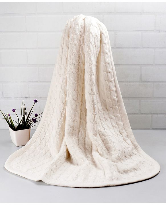 Babyhug Premium Cotton Knitted & Fur Blanket - White