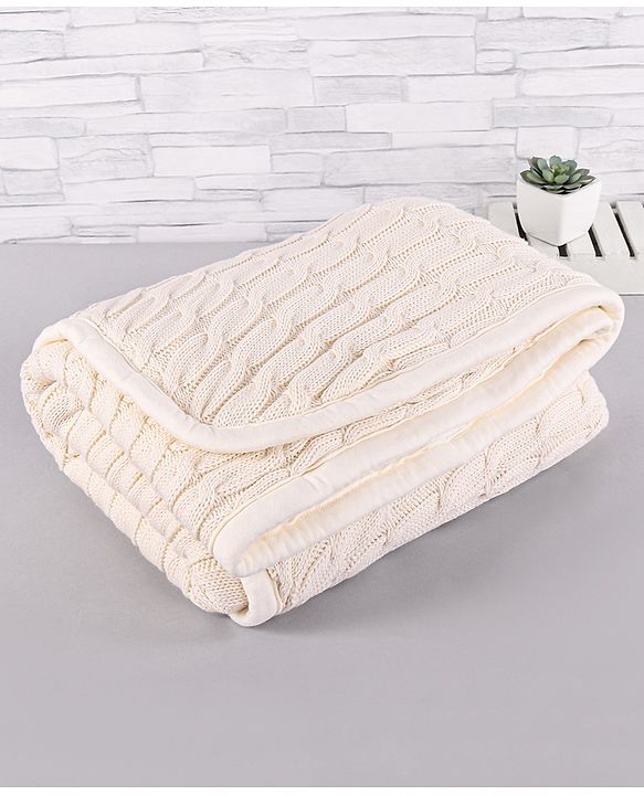 Babyhug Premium Cotton Knitted & Fur Blanket - White