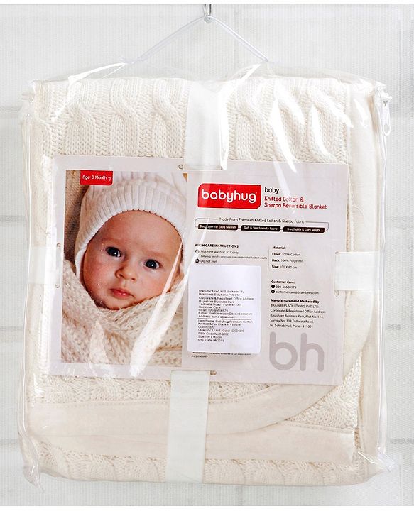 Babyhug Premium Cotton Knitted & Fur Blanket - White