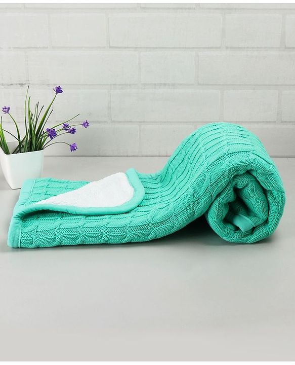 Babyhug Premium Cotton Knitted & Fur Blanket - Green