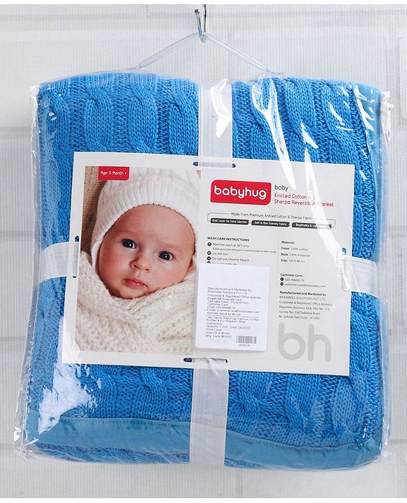 Babyhug Premium Cotton Knitted & Fur Blanket - Blue