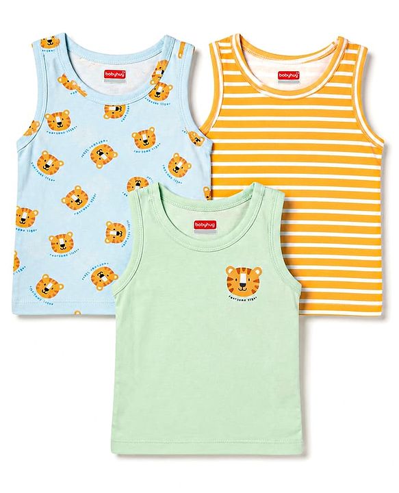 Babyhug 100% Cotton Single Jersey Knit Sleeveless Antibacterial Sando Striped Vests With Cub Print Pack of 3 - Multicolor
