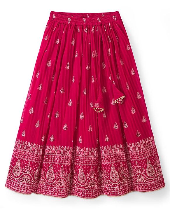 Pine Kids Woven Half Sleeves Floral Embroidered Choli Lehenga Set With Dupatta - Dark Pink