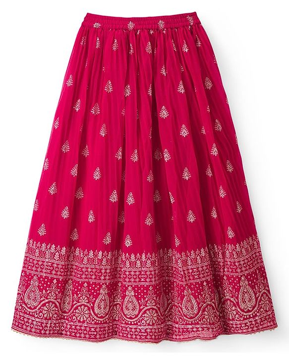 Pine Kids Woven Half Sleeves Floral Embroidered Choli Lehenga Set With Dupatta - Dark Pink
