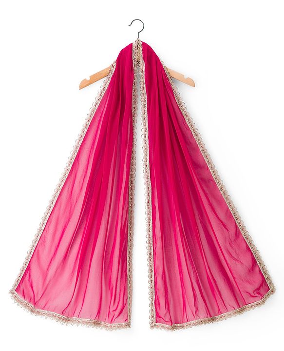 Pine Kids Woven Half Sleeves Floral Embroidered Choli Lehenga Set With Dupatta - Dark Pink