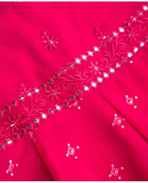 Pine Kids Woven Half Sleeves Floral Embroidered Choli Lehenga Set With Dupatta - Dark Pink
