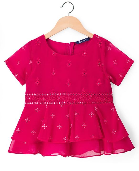 Pine Kids Woven Half Sleeves Floral Embroidered Choli Lehenga Set With Dupatta - Dark Pink