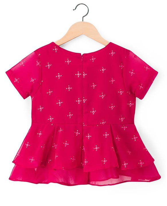 Pine Kids Woven Half Sleeves Floral Embroidered Choli Lehenga Set With Dupatta - Dark Pink