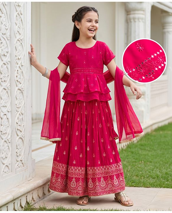 Pine Kids Woven Half Sleeves Floral Embroidered Choli Lehenga Set With Dupatta - Dark Pink